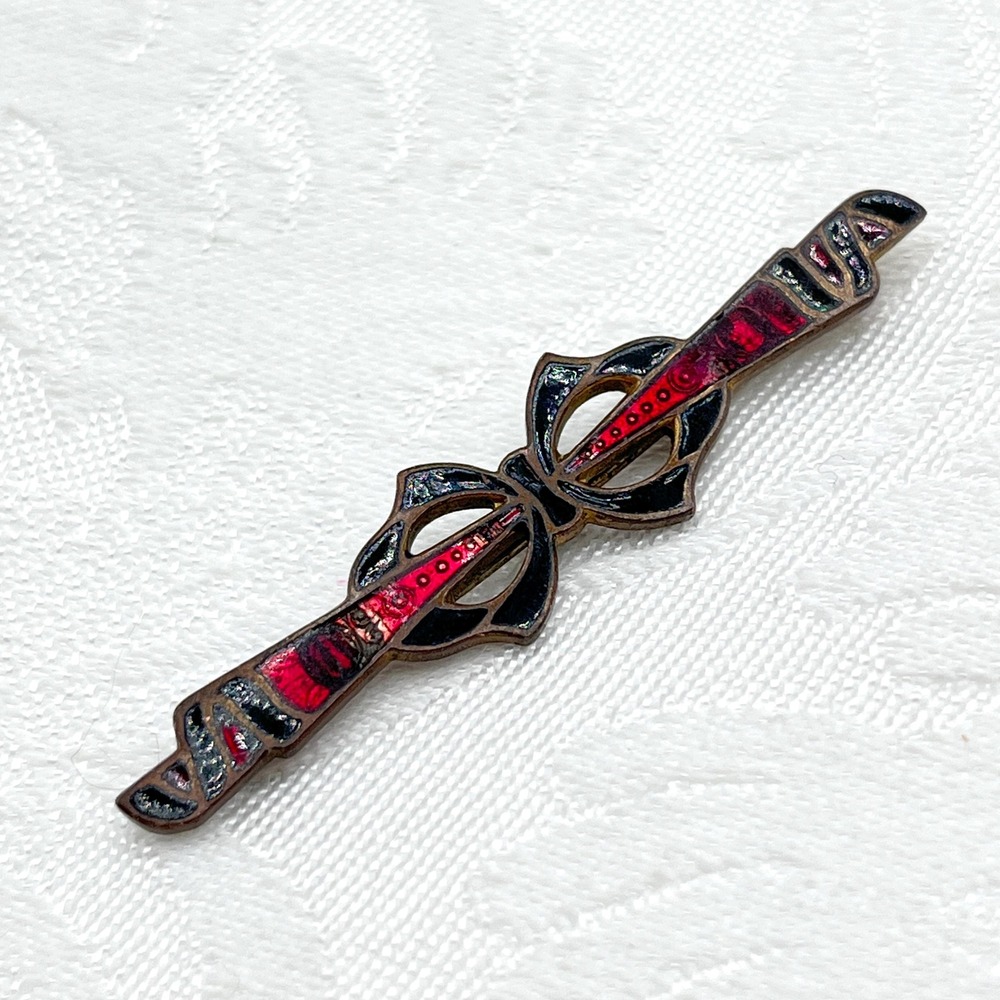 Vintage Bronze Tone and Red and Black Enamel Art Deco Bow Bar Brooch w/ C Clasp